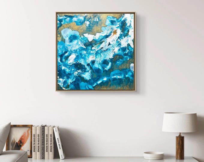 Abstract Painting in Blue and Gold, Home Decor, Acrylic Painting, Ocean-Inspired Art, Modern Art, Original Artwork, Living Room Wall Decor