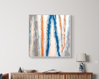 Lebendiges Kunstwerk mit blauen und orangefarbenen Linien – moderne Wanddekoration mit Öl- und Acrylgemälden für die Inneneinrichtung, farbenfrohe Kunst für das Schlafzimmer