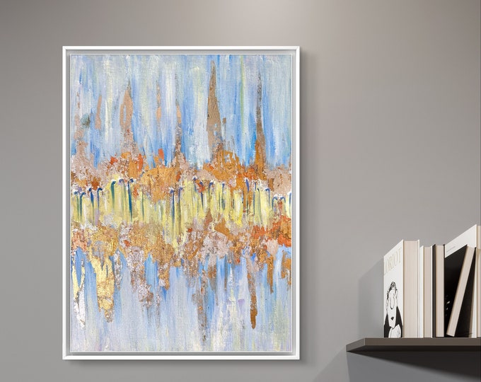 Blue and Gold Acrylic Painting , Painting For Home Decor,Golden Leaf Painting, Modern Art,Original Painting,Light Blue Wall Art,Oil Painting