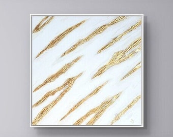 Weiße strukturierte Wandkunst, strukturiertes Acrylgemälde auf Leinwand, großes minimalistisches Blattgold-Acrylgemälde auf Leinwand