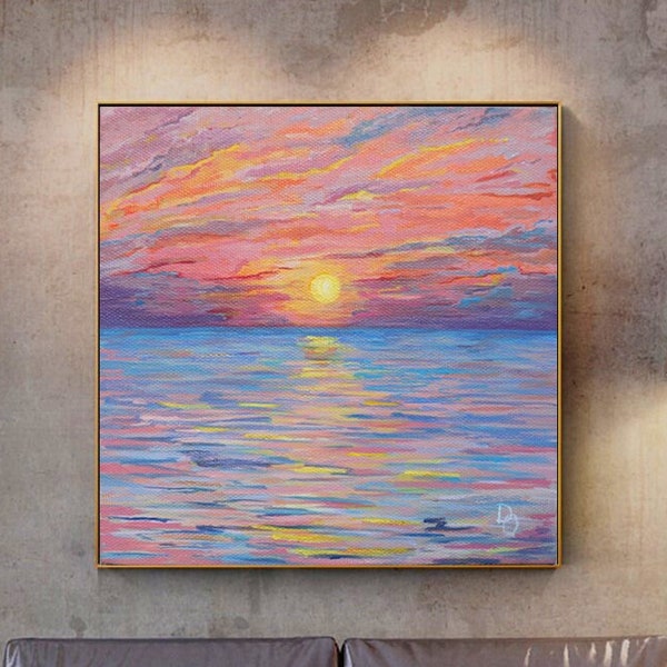 Peinture acrylique coucher de soleil sur toile - Couleurs orange vif, violet et bleu