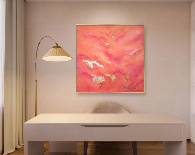 Original Red Acrylic and Gold Leaf Painting "Golden Clouds", Art on Canvas, Modern Abstract Wall Art, Acrylic Painting