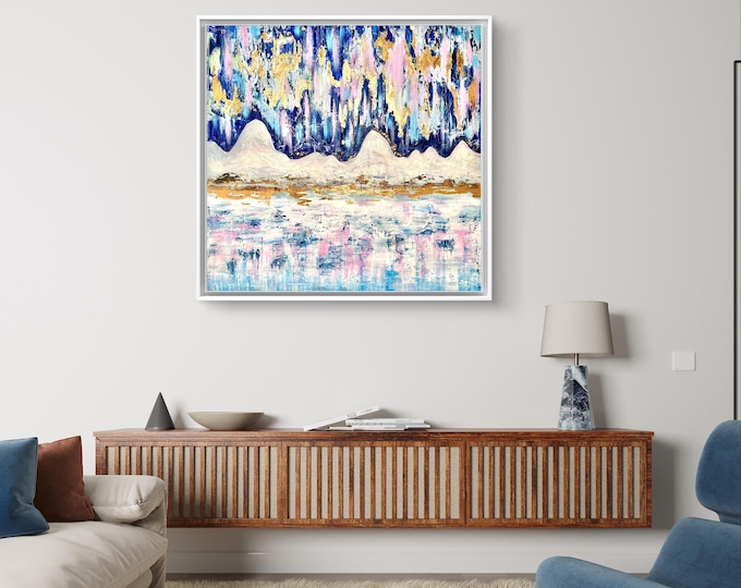 Abstract Mountain Painting ,Blue and Gold  Abstract Art, Original Acrylic and Oil Painting,Bedroom Wall Art, Acrylic Painting,Oil Painting
