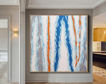 Original Abstract Art "Positive Lines"Large abstract painting, Modern Abstract Painting, Blue and orange abstract painting,