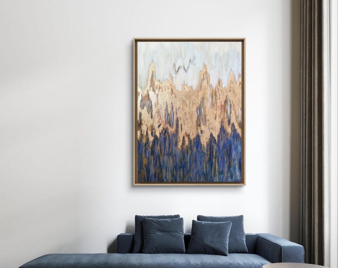 Light Blue Wall Art Acrylic and Oil Contemporary Wall Art "Golden Blue" Gold Leaf Painting Modern Painting Bedroom Wall Art Colorful Art