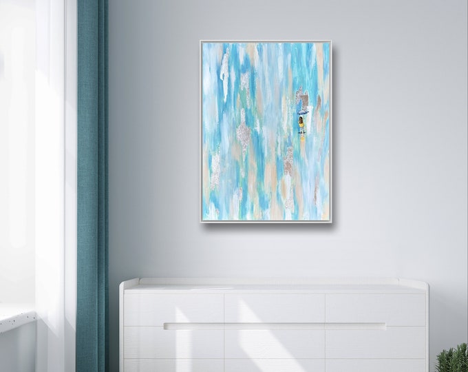 Girl With Umbrella Painting,Acrylic and Oil Painting,Original Painting,Blue and Beige Art, Framed Painting,Abstract Art,Modern Art, Rain Art