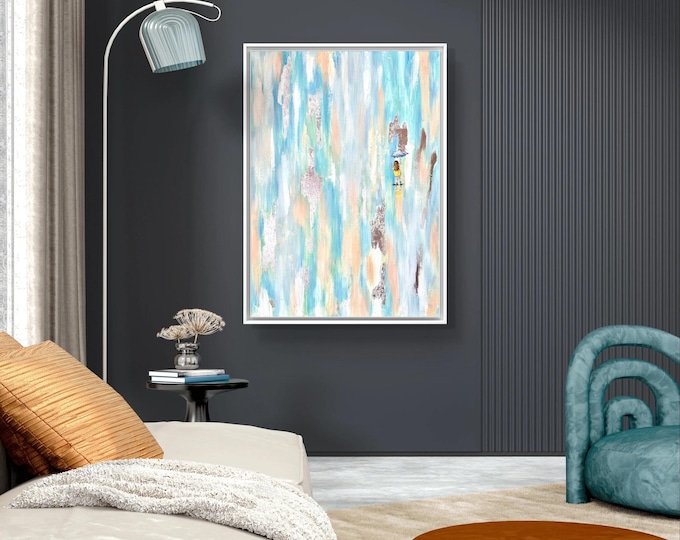 Girl With Umbrella Painting,Acrylic and Oil Painting,Original Painting,Blue and Beige Art, Framed Painting,Abstract Art,Modern Art, Rain Art