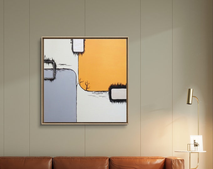 Orange and Grey Minimalist  Wall Art Acrylic Painting on Canvas Painting Silver Leaf Painting Grey Painting Contemporary Art