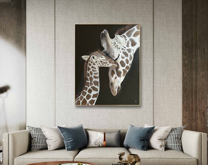 Mamma Giraffe & Baby | Contemporary Acrylic Portrait Brown and Black Modern Painting Contemporary Art Acrylic Painting Extra Large Wall Art