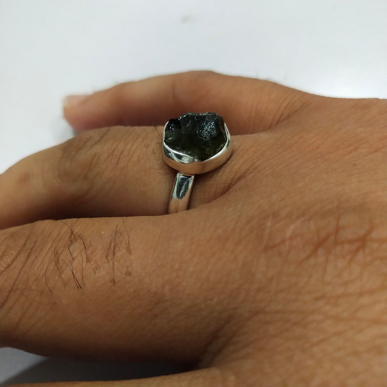 Silver Jewelry Raw Moldavite Gemstone Raw Moldavite Gemstone Ring in Sterling Silver Gift For Her |Green Moldavite Ring |Handmade Ring