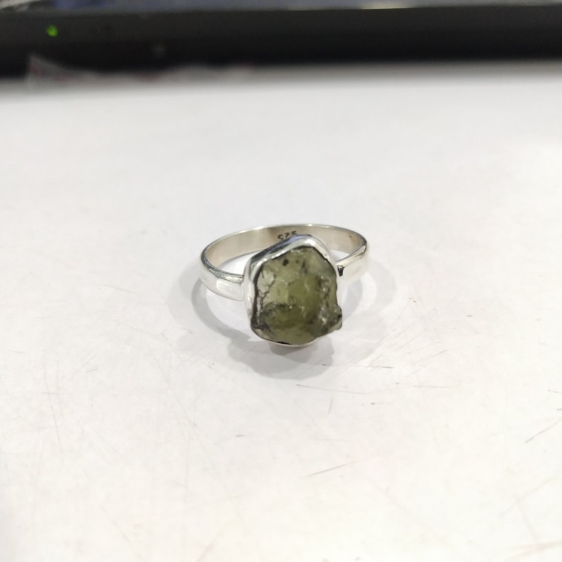Silver Jewelry Raw Moldavite Gemstone Raw Moldavite Gemstone Ring in Sterling Silver Gift For Her |Green Moldavite Ring |Handmade Ring