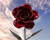 Hand Forged Steel Rose Garden Stake | Red Metal Flower Yard Art Decor