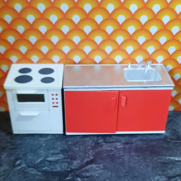 Vintage Brio Lundby Dolls House Red Sink Unit And White Cooker Oven