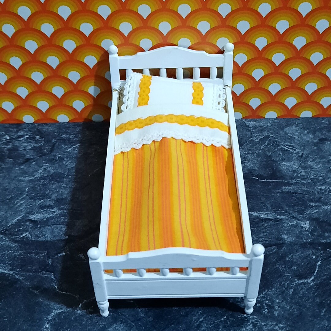 Vintage Lundby Dolls House White Wooden Bed With Orange Covers Etsy