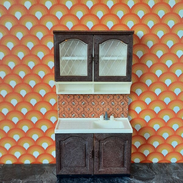 Vintage Carolines Home Lundby Dolls House Orange & White Flower Tile Kitchen Sink Unit