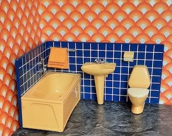 Vintage Lundby Dolls House 1960s Blue Tile Bathroom Set - 1960s/70s