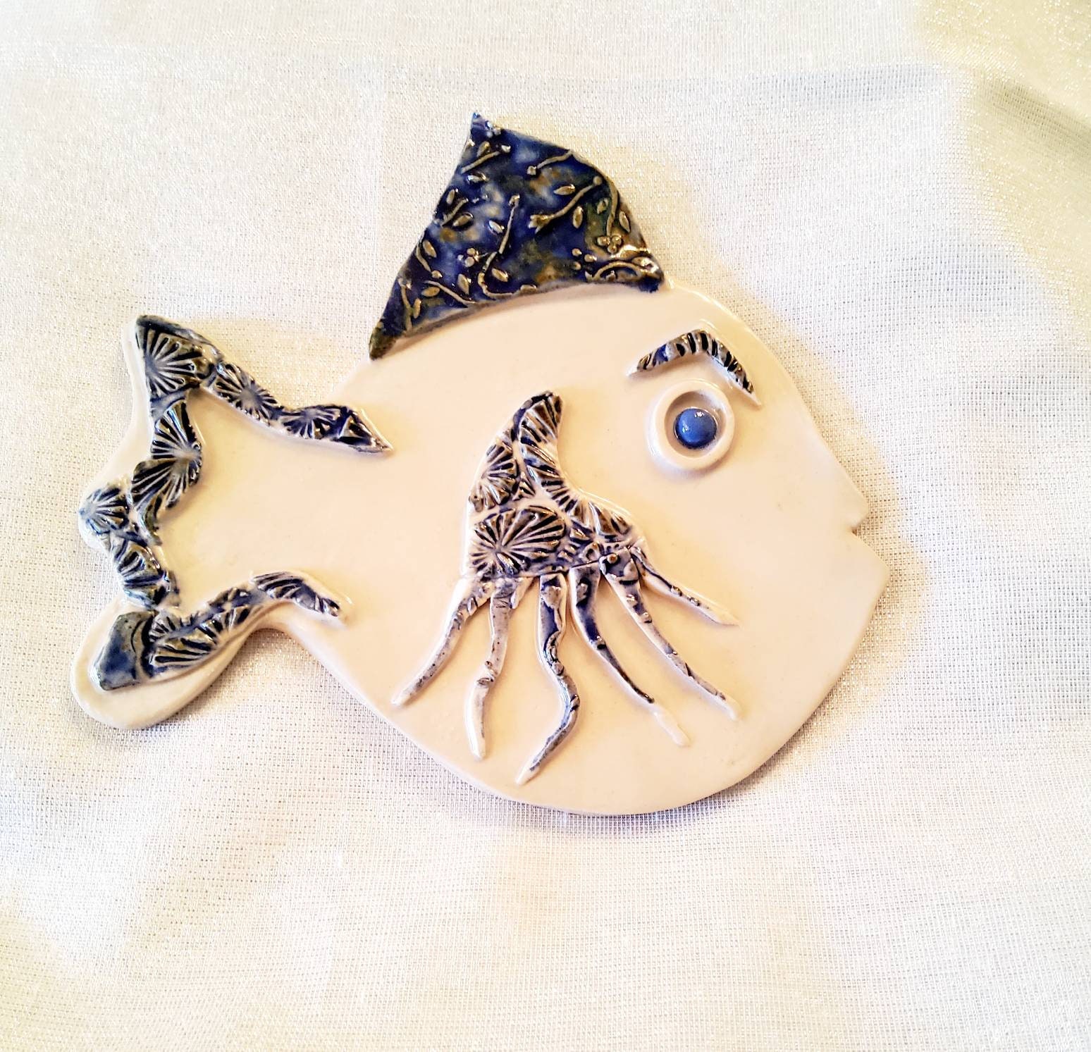 Plaque Poisson en Grès Beige et Bleu