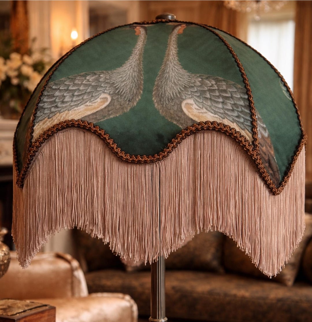 Victorian Floor Stand Lampshade With Fringe, Green Botanical