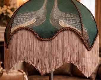 Victorian Floor Stand Lampshade with Fringe, Green Botanical Italian Velvet Size 20" Large