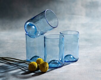 Drinking glasses set, 4 blue recycled glasses from wine bottles, many different colors, combinable, 300 ml