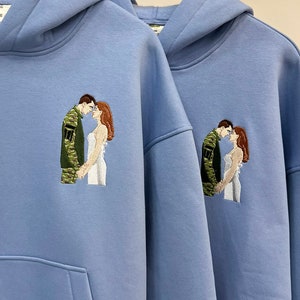 Embroidered by Couple Family Photo Portrait Hoodie Embroidery Cat Dog Friends Portrait Crewneck Sweatshirt Clothes Item Custom Gift (sale)