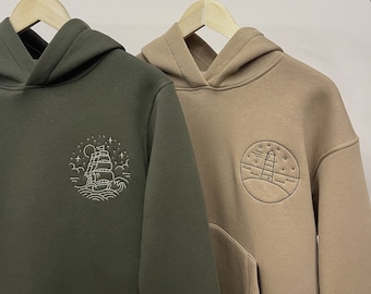 Long Distance Relationship Couple Embroidered Ship & Lighthouse Hoodies Matching Crewnecks Aesthetic Sweatshirts for Anniversary Gift