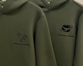 Embroidered Couple Space Rocket and Moon Hoodies Sweatshirts Items Gift for Her and Him