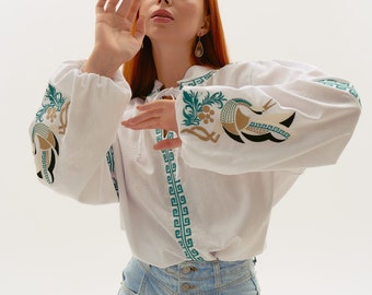 Embroidered Ukrainian Vyshyvanka Bird Cranes Folk Ornament Linen Blouse Shirt Boho Chic Top Women Bohemian Summer Handmade Gift Sale