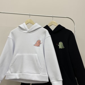 Couple Embroidered T-Rex Dragon Dinosaur Hoodies Cartoon Tyranosaur Crewneck Matching Sweatshirts Anniversary Gift for Her and Him Sale