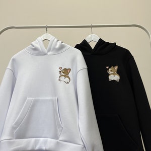 Cartoon Couple Embroidered Corgi Hoodies Matching Funny Animal Dog Lover Sweatshirts for Anniversary Birthday Christmas Gift