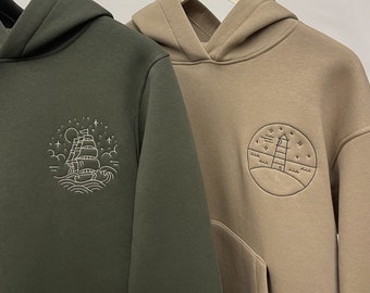 Embroidered Aesthetic Hoodies Ship Boat and Lighthouse with Initials on the Sleeve Couple Custom Sweatshirts Anniversary Long Distance Gift