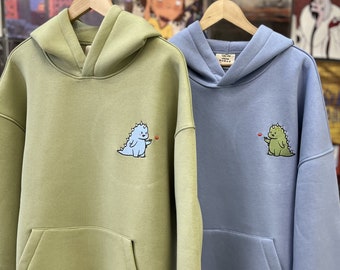Valentines Day Gift Couple Embroidered T-Rex Dragon Dinosaur Hoodies Cartoon Tyranosaur Crewneck Matching Sweatshirts