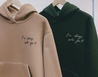 Couple Custom Embroidered Handwriting Text Phrase Word Anniversary Long Distance Hoodies Sweatshirts Matching Items Gift for Her and Him