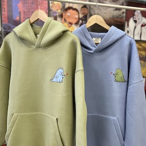 Valentines Day Gift Couple Embroidered T-Rex Dragon Dinosaur Hoodies Cartoon Tyranosaur Crewneck Matching Sweatshirts