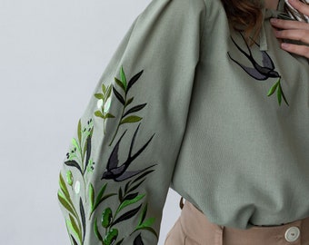 Embroidered Bird Swallow Ornament Ethnic Linen Blouse Shirt Boho Chic Top Women Embroidery Bohemian Summer Clothing Handmade Gift Sale