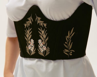 Floral Women's Linen Underbust Corset Top Embroidered Bustier Eyelet and Grommet Closure Elegant Birthday Boho Style Day Women's Day Gift