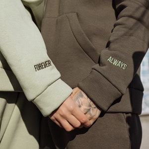 Embroidered 2 Sleeves Hoodie with Initials / Roman Date / Cartoon Couple Sweatshirts Anniversary Gift for Her and Him Sale