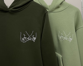 Long Distance Gift Couple Hoodies Pinky Promise Hands Embroidered Sweatshirts Aesthetic Matching Crewnecks for Her Him Anniversary