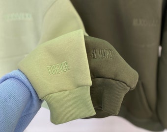 Couple Custom Embroidered Hoodies with Initials on the Sleeve Roman Date or Cartoon Sweatshirts Anniversary Gift for Her and Him (new)