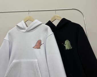 Embroidered Couple T-Rex Dragon Dinosaur Hoodies Cartoon Tiranosaur Crewneck Matching Sweatshirts Items Anniversary Gift for Her and Him