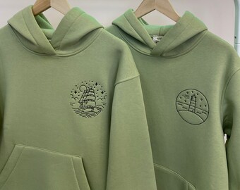 Couple Ship and Lighthouse Hoodies Embroidered Gift Woman and Man Crewneck Sweatshirts for Anniversary Birthday Romantic
