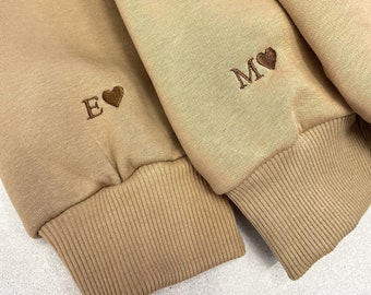 Embroidered Hoodies with Initials Hearts on the Sleeve Custom Date or Cartoon Couple Sweatshirts Anniversary Gift for Her and Him