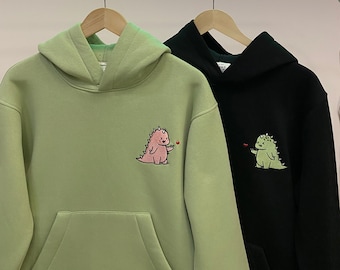 Cartoon Embroidered Couple T-Rex Dragon Dinosaur Hoodies Tyranosaur Crewneck Matching Sweatshirts Items Anniversary Gift for Her Him Sale