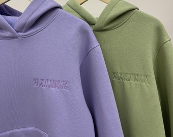 Embroidered Anniversary Roman Date Hoodies Couple Sweatshirts Matching Items Gift for Her and Him