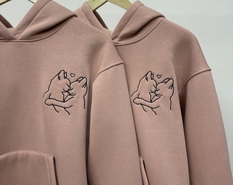 Couple Embroidered Aesthetic Love Cat Hoodies Cartoon Animal Crewneck Sweatshirts Valentines Anniversary Matching Gift for Her and Him