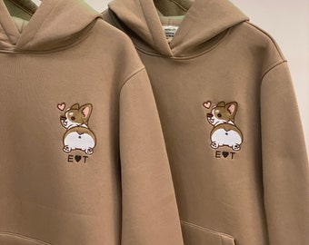 Embroidered Couple Cartoon Cute Corgi Hoodies Animal Matching Funny Dog Lover Sweatshirts for Anniversary Birthday Christmas Gift