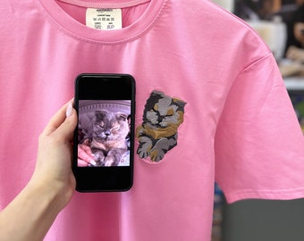 Pink T-shirt Embroidered Pet Cat Dog Owner Hoodie Gift for Boyfriend Embroidery Portrait Photo Sweatshirt Custom Gift for Her and Him Sale