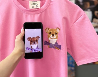Pink T-shirt Embroidered Pet Cat Dog Owner Hoodie Gift for Boyfriend Embroidery Portrait Photo Sweatshirt Custom Gift for Her and Him Sale