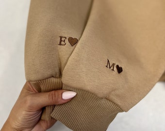 Embroidered Hoodies with Initials Hearts on the Sleeve Custom Date or Cartoon Couple Sweatshirts Anniversary Gift for Her and Him