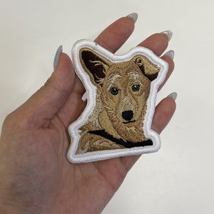 Peut inclure: Un patch brodé représentant la tête d'un chien avec une fourrure brune et blanche et un collier noir.